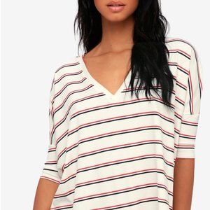 Lulu's Starting Line Ivory Striped Oversized V-Neck Tee